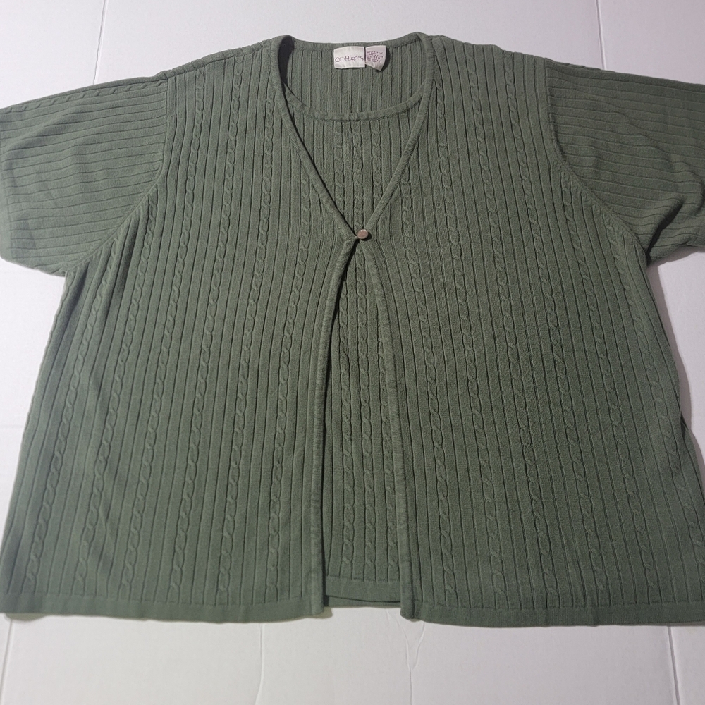 💚 CC.‎ Hughes Plus Size 26W Short Sleeve Cable Ribbed Cottagecore Olive Shirt